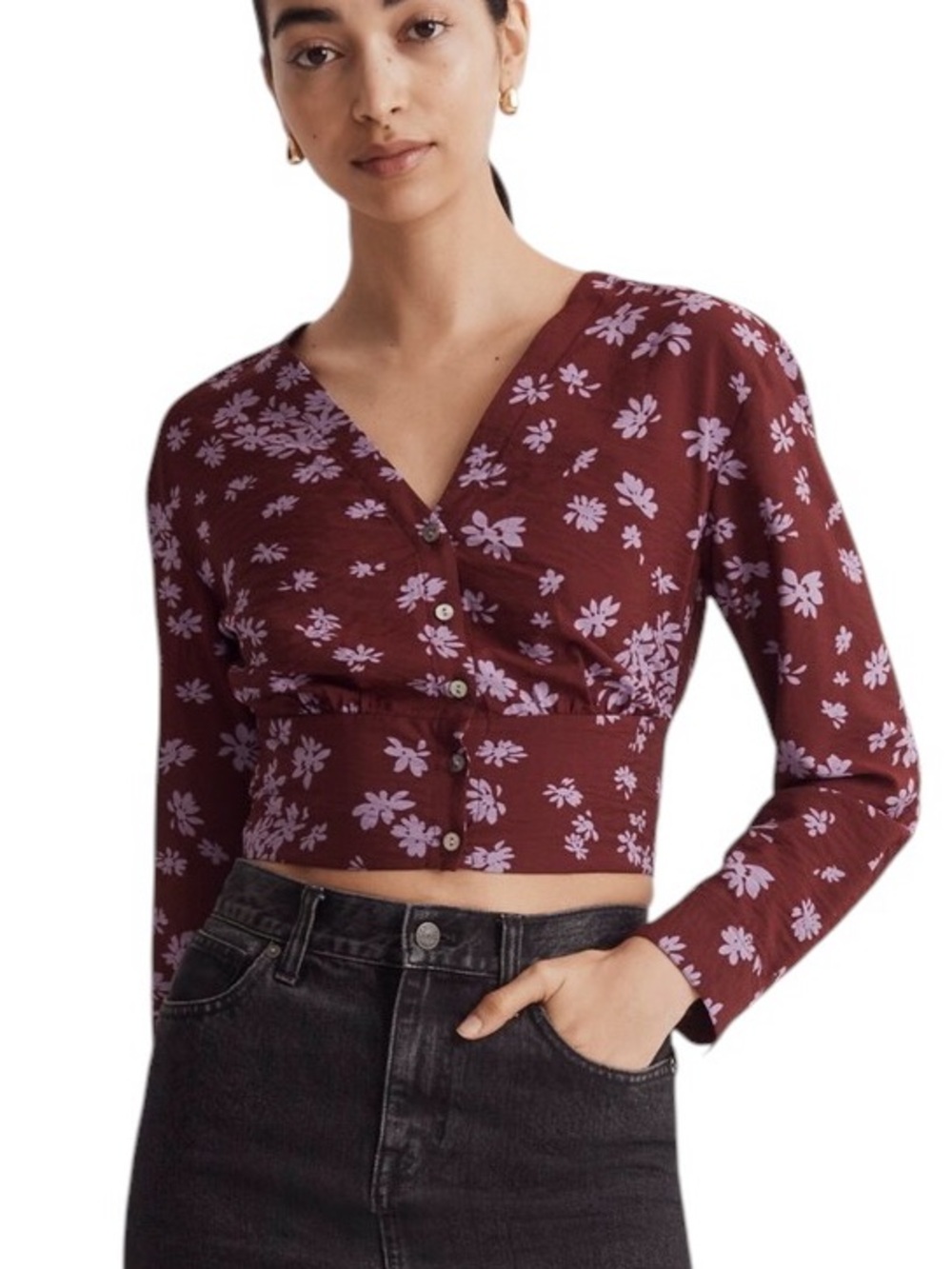 Madewell Floral Print V-Neck Button Front Cropped Blouse in Cabernet - M